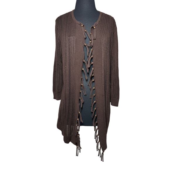 Chico’s Open Front Open Knit Cardigan Sweater Beaded Fringe Sz 2 /14 Brown Boho - Picture 1 of 10